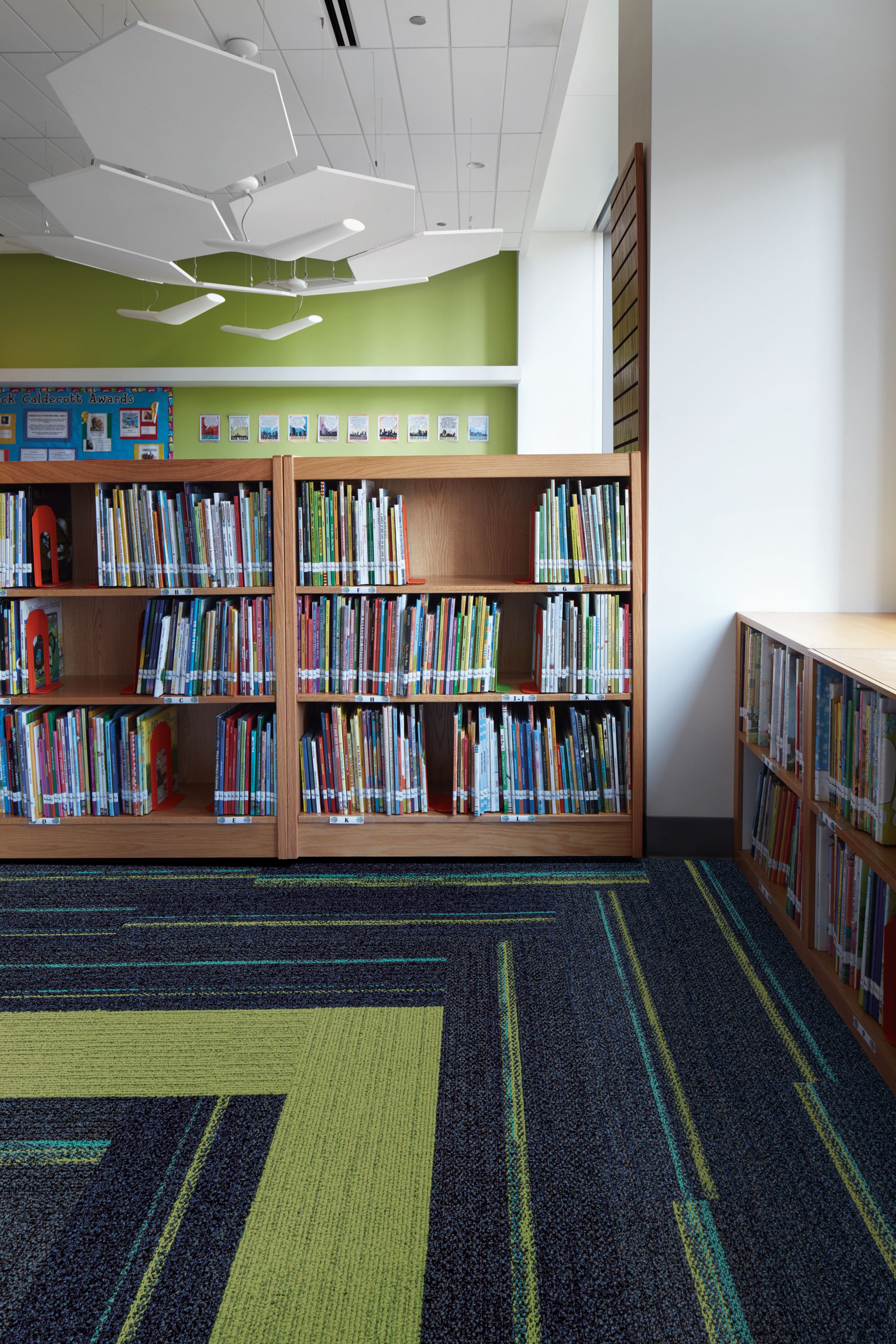 Interface Ground Waves and On Line plank carpet tile in corner of elementary school library imagen número 6